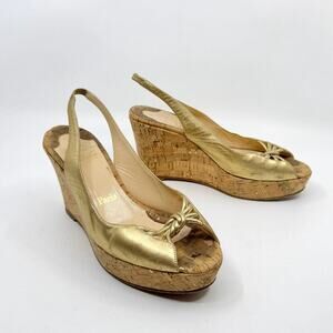 CHRISTIAN LOUBOUTIN Red Bottoms Gold Slingback Peep Toe Cork Platform Wedges